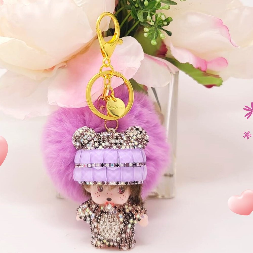 Keychain, Cute Monchichi With Ball Pompom